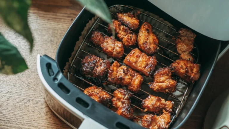 Pedaços de frango dourados no cesto de uma air fryer