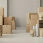 Caixas de papelão e materiais de embalagem em um estoque