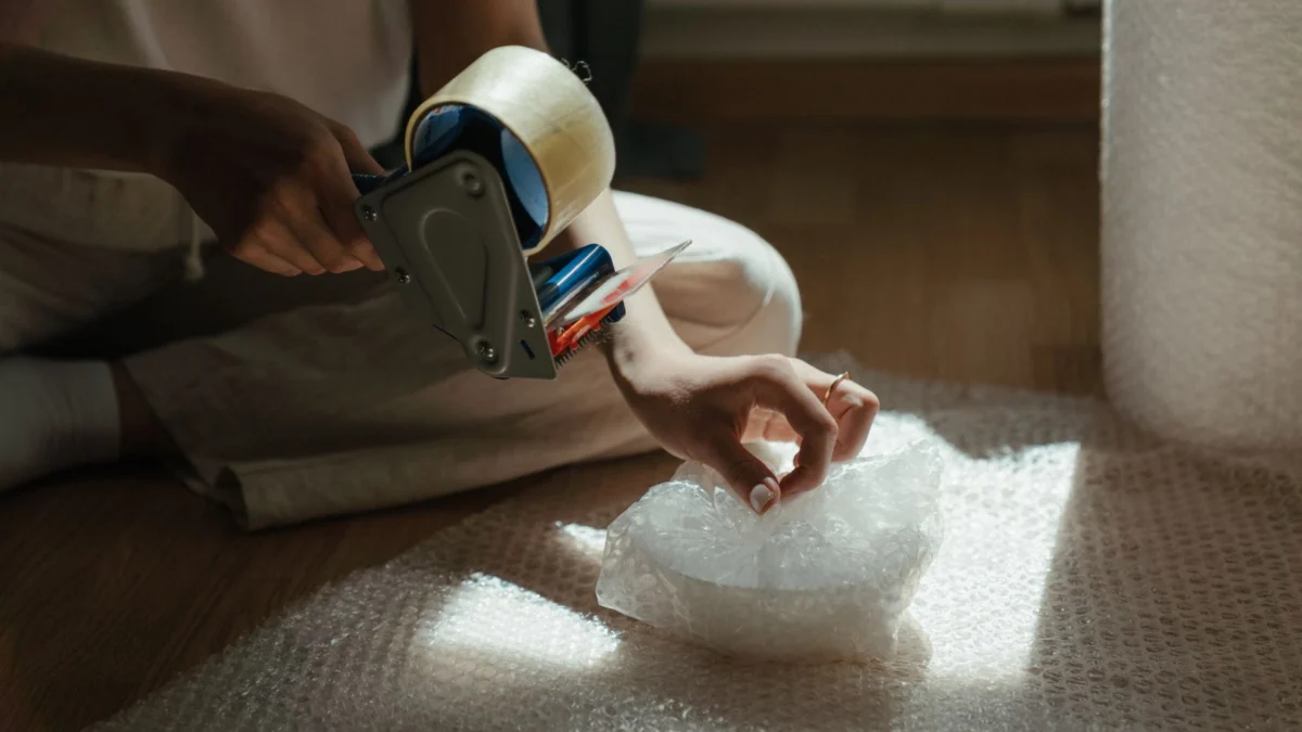 Pessoa preparando um pacote com plástico bolha e fita