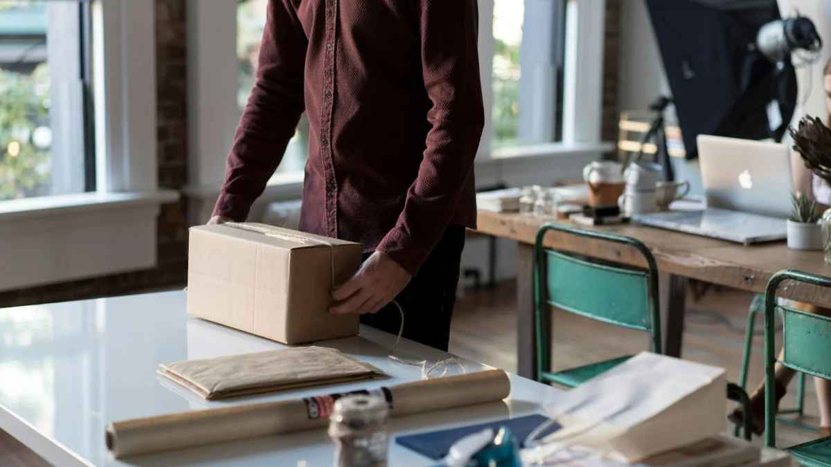 Pessoa segurando uma caixa de papelão de encomenda sobre a mesa