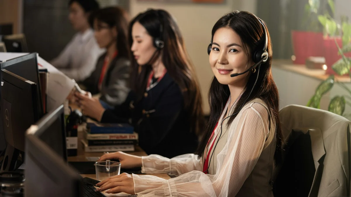Atendente sorrindo com headset na frente do computador