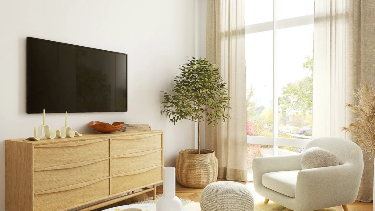 Sala de estar com uma TV de tela grande